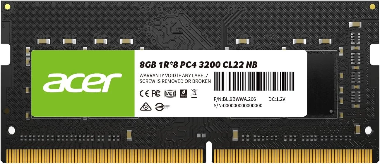 Acer 8GB DDR4 laptop RAM 260-pin SO-DIMM modules with speeds of 2133MHz, 2400MHz, 2666MHz, or 3200MHz,